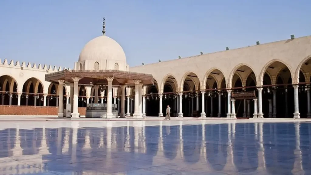 Amr Ibn Al Aas mosque interior pillars and carpet