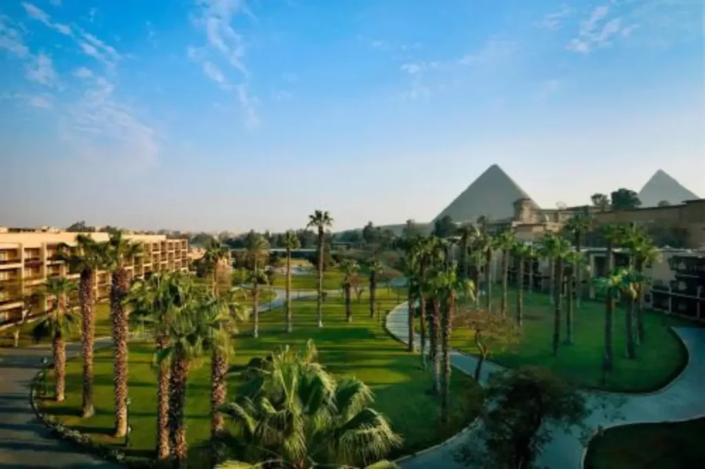 Marriott Mena House breakfast view of Giza Pyramids morning