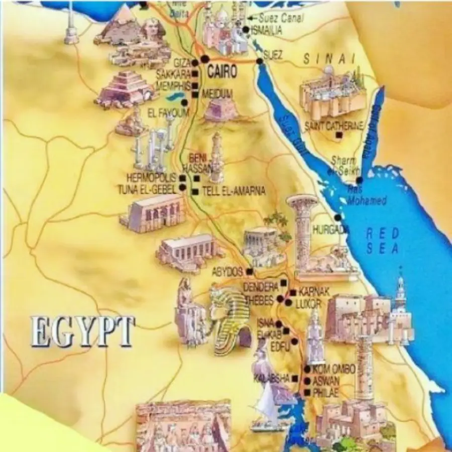 Map of Egypt showing Cairo, Alexandria, and Red Sea resort locations