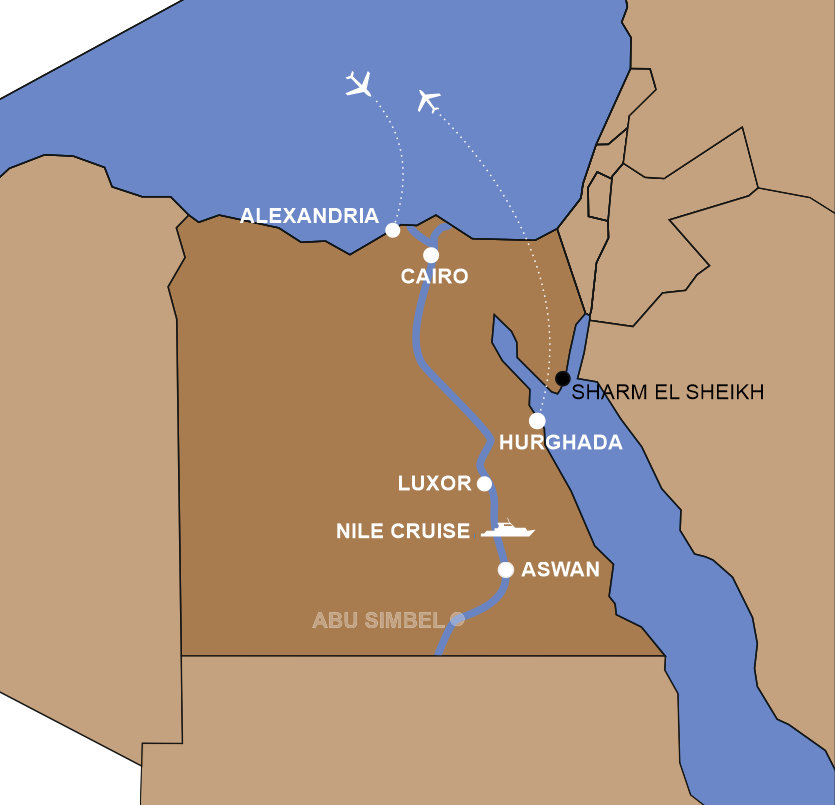 Egypt tour route map Cairo Alexandria Hurghada